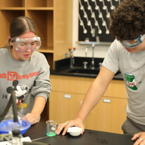 A male and female student watching a chemical reaction in chemistry